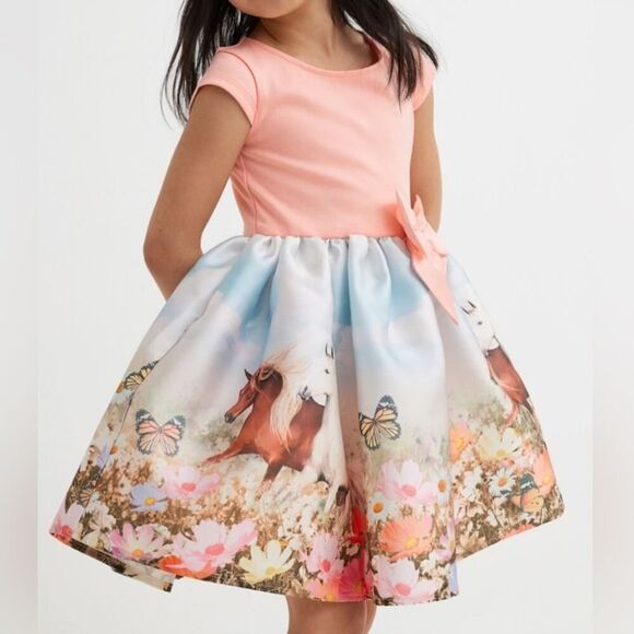 H&M horse floral bow detail flared dress sz 6X/7 - Picture 2 of 12